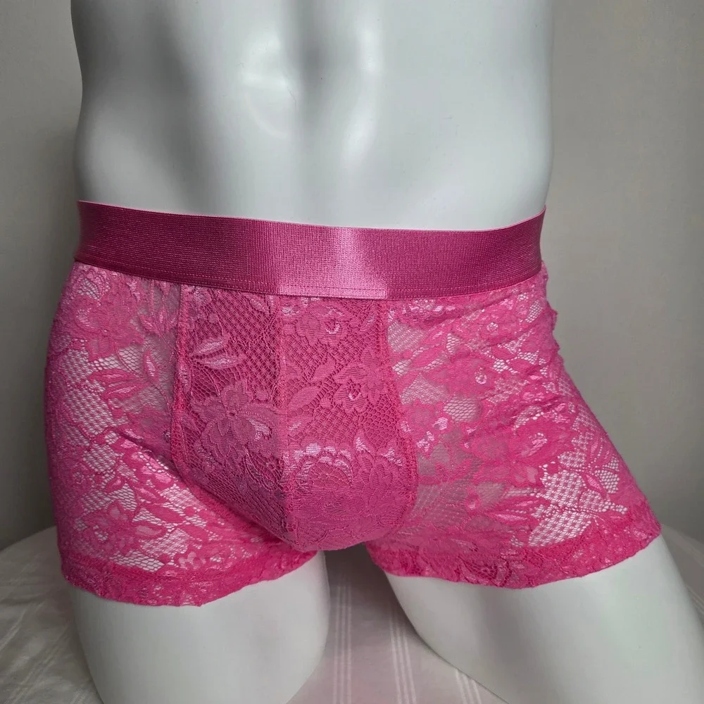 Cosabella Never Say Never Mens Pink Lace Boxer Briefs Sheer Floral Trunks NEW‎